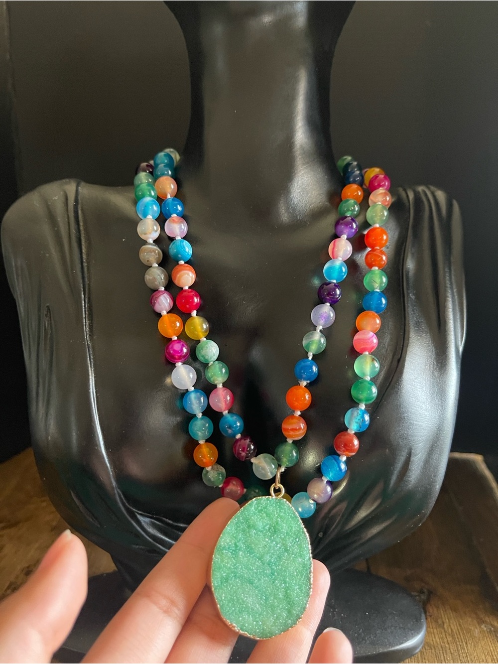 Rainbow beaded glass crystal statement necklace